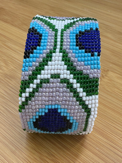 Handmade Beaded Cuff Bracelet – 1.5” Wide, Peacock Feather adjustable