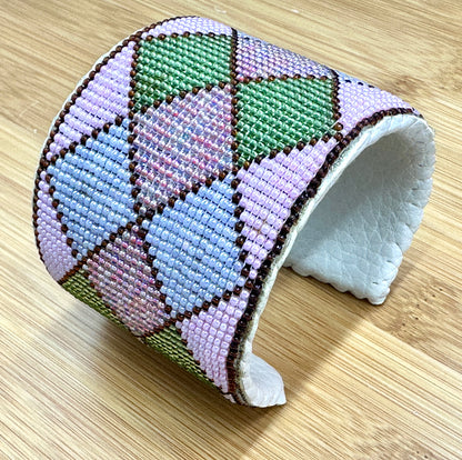 Handmade Beaded Pink Hard Cuff Bracelet – 2.2 Inch Wide