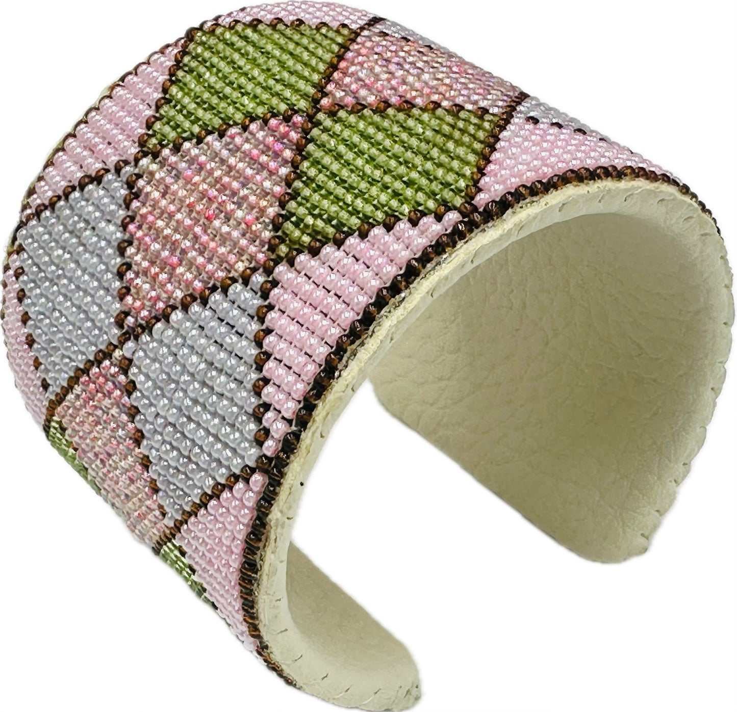 Handmade Beaded Pink Hard Cuff Bracelet – 2.2 Inch Wide