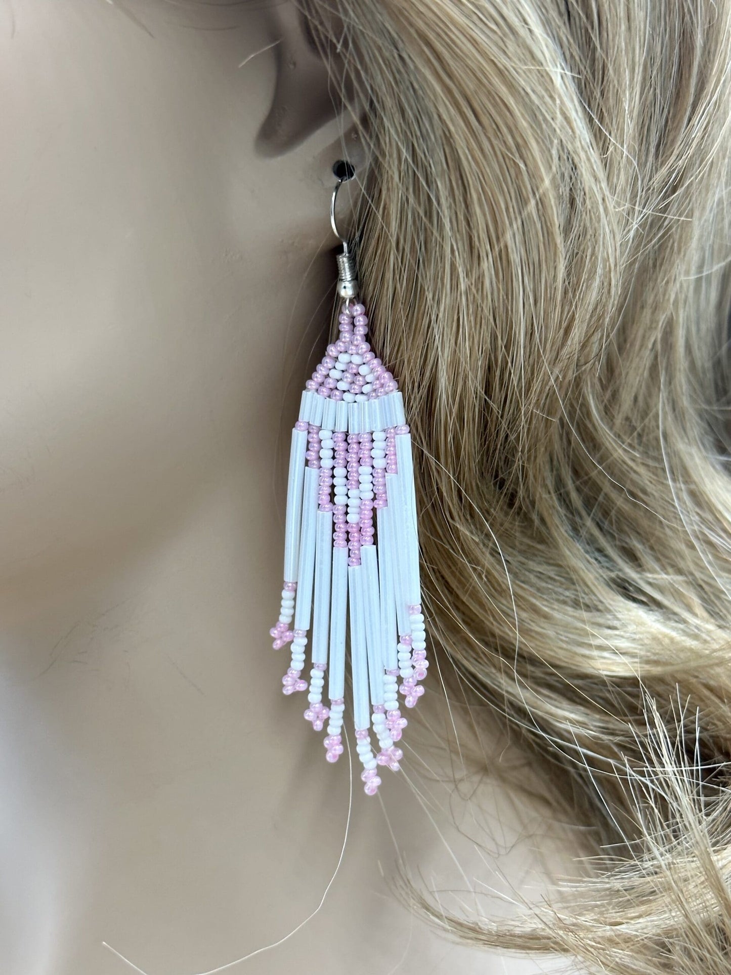 Handmade White Pink Beaded Hook Earrings with Czech Seed Beads, Lightweight Design
