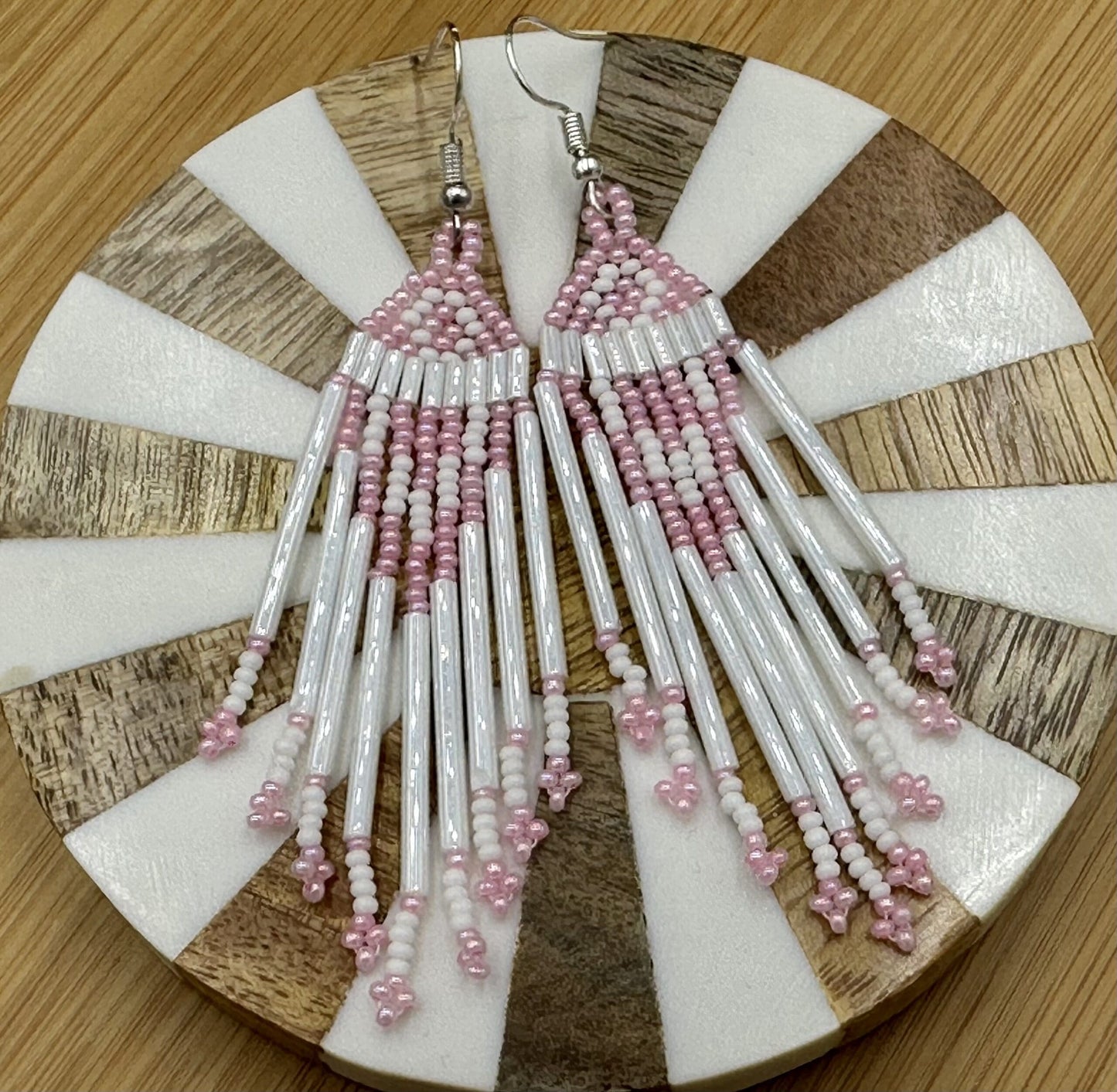 Handmade White Pink Beaded Hook Earrings with Czech Seed Beads, Lightweight Design