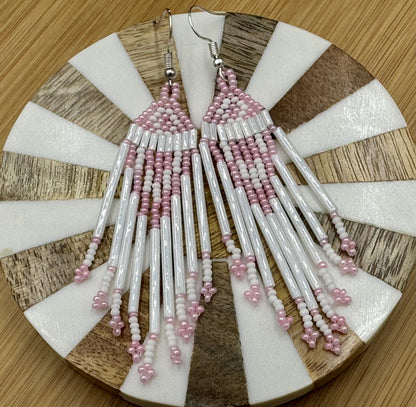 Handmade White Pink Beaded Hook Earrings with Czech Seed Beads, Lightweight Design
