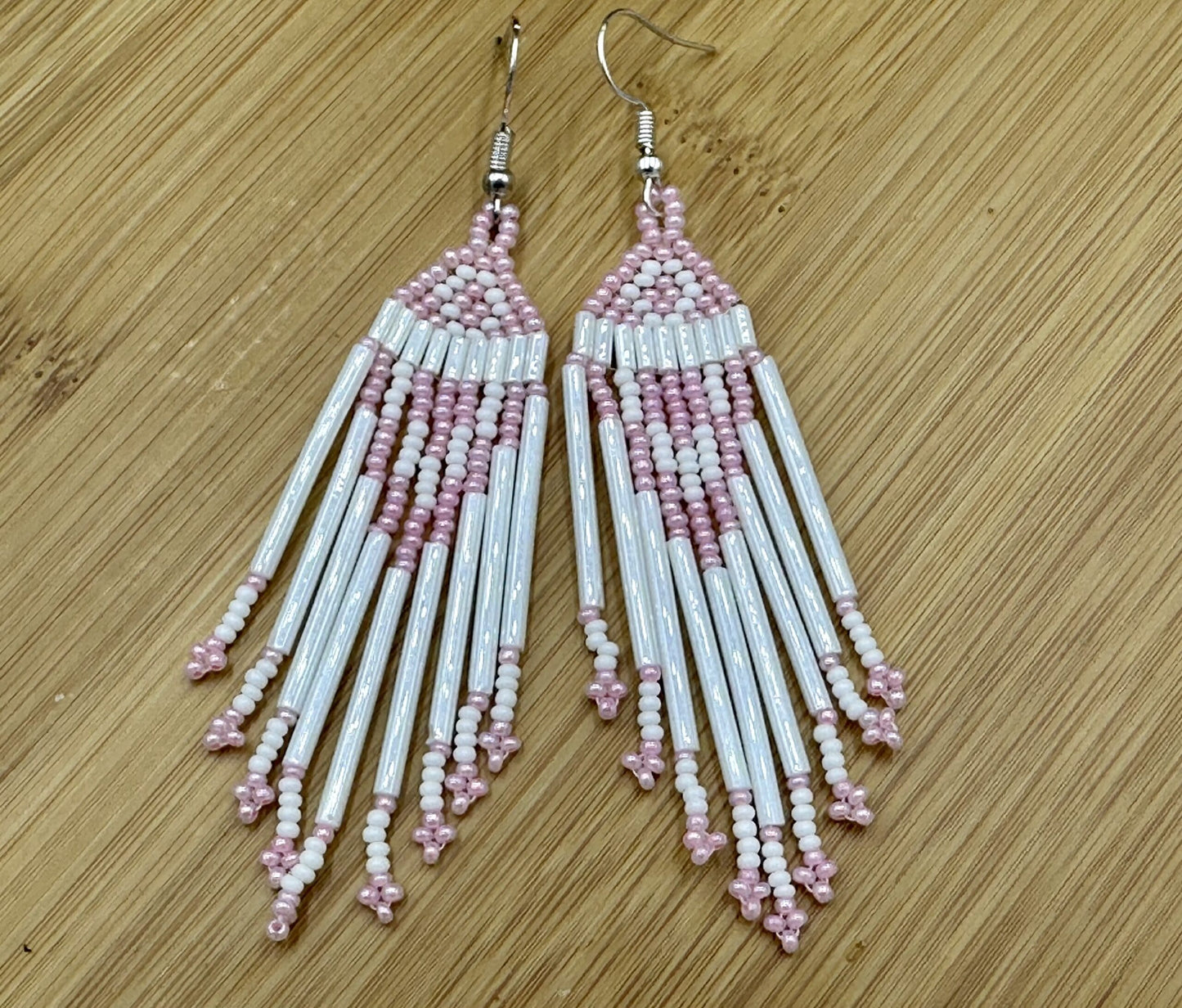 Handmade White Pink Beaded Hook Earrings with Czech Seed Beads, Lightweight Design
