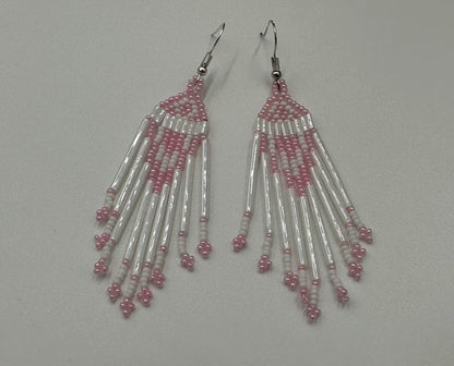 Handmade White Pink Beaded Hook Earrings with Czech Seed Beads, Lightweight Design