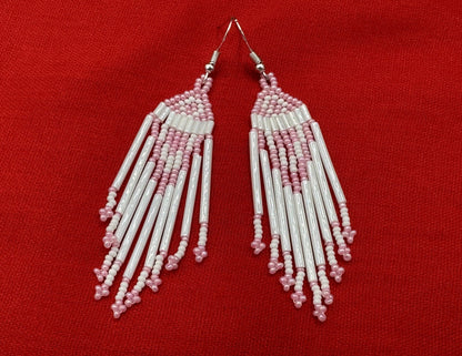 Handmade White Pink Beaded Hook Earrings with Czech Seed Beads, Lightweight Design