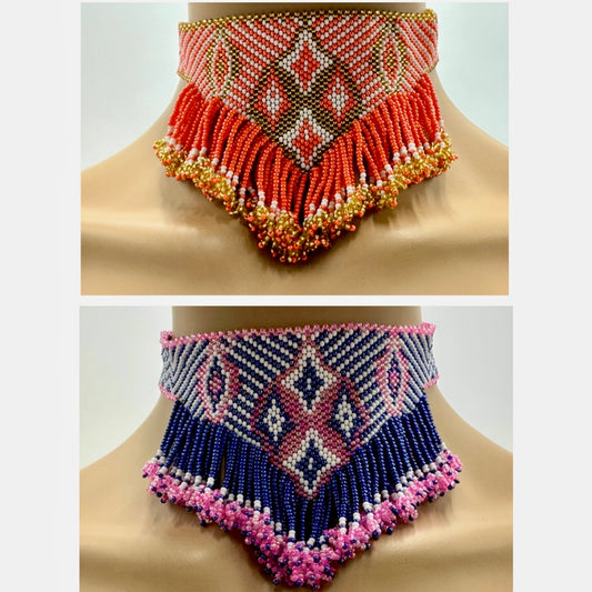 Set of 2 Handmade Czech Seed Bead Fringe Statement Necklaces – Boho Artisan Choker Set
