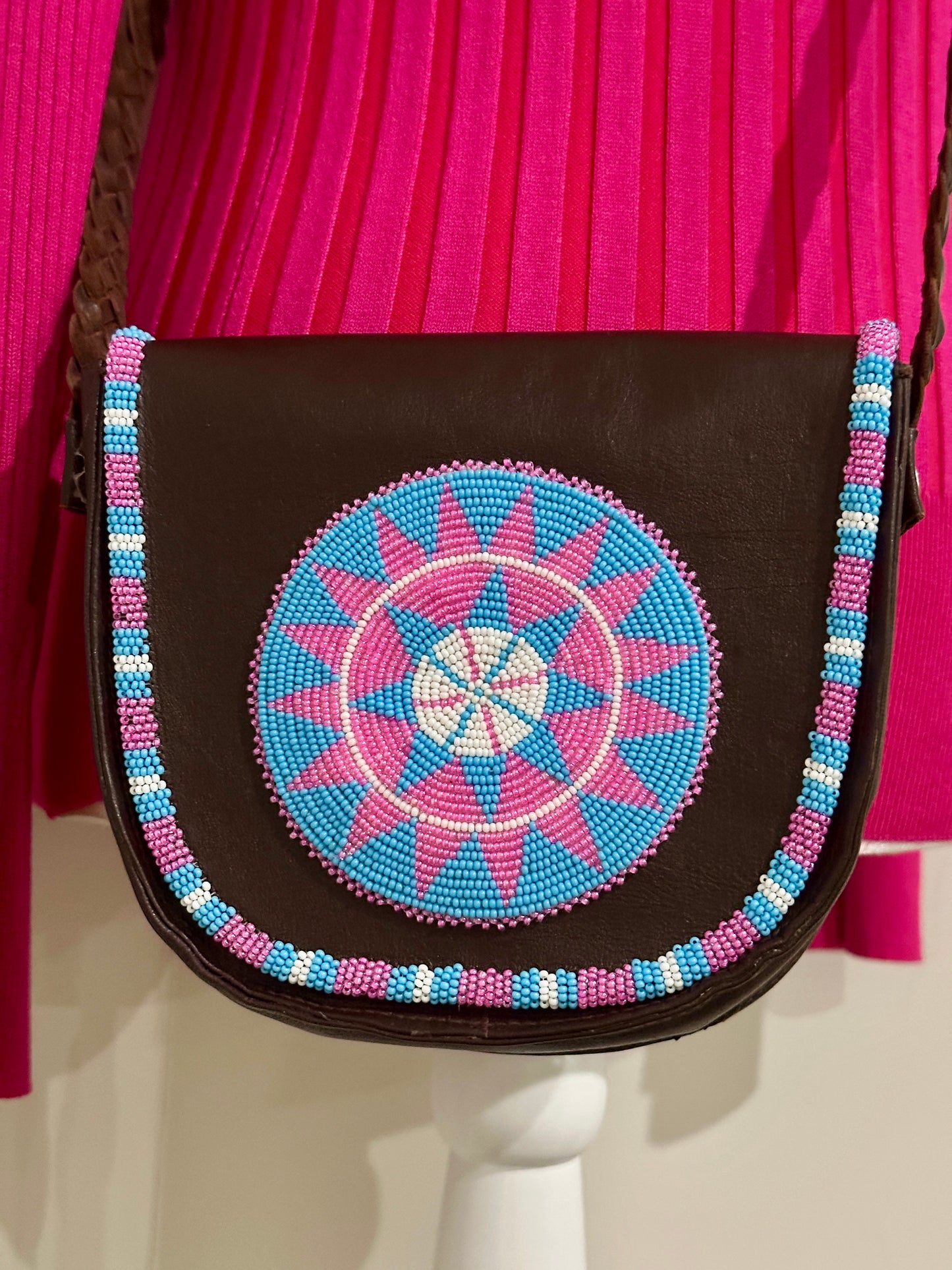 Handcrafted Beaded Leather Crossbody Bag – Artisan Mandala