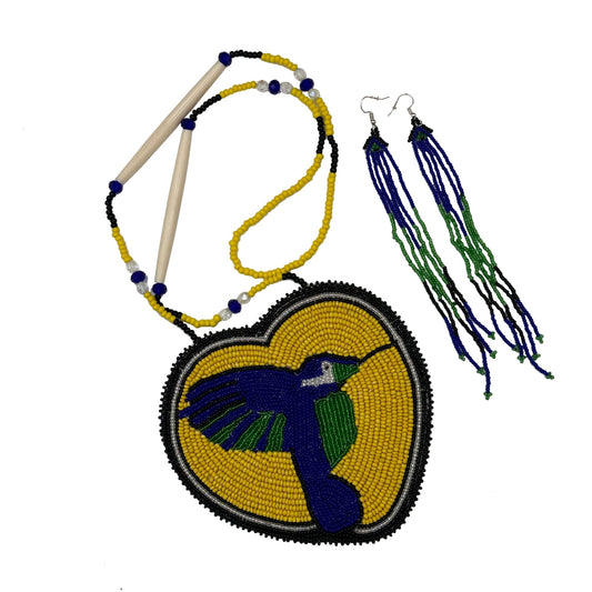 Handmade Beaded Necklace Earring Set with Large 5 inch Rossette Pendant - Yellow Blue Hummingbird