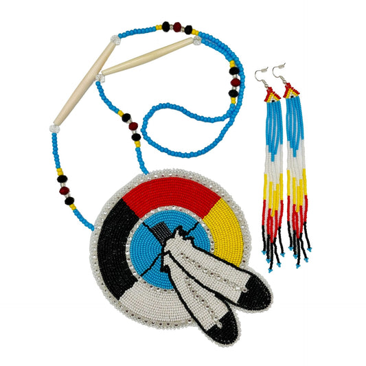 Handmade Beaded Necklace Earring Set with Large 5 inch Rossette Pendant - 4 Directions Feather