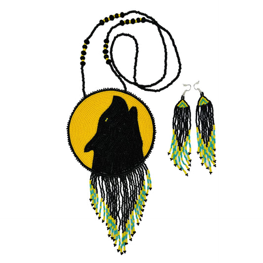 Handmade Beaded Necklace Earring Set with Large 5 inch Rossette Pendant - Yellow Black Bear