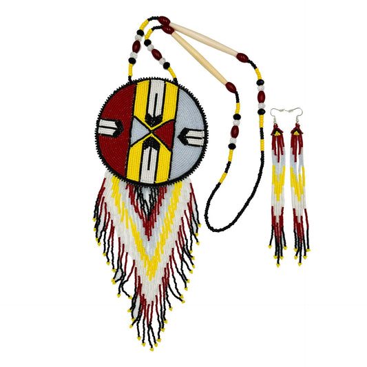 Handmade Beaded Necklace Earring Set with Large 5 inch Rossette Pendant - Maroon Yellow Silver