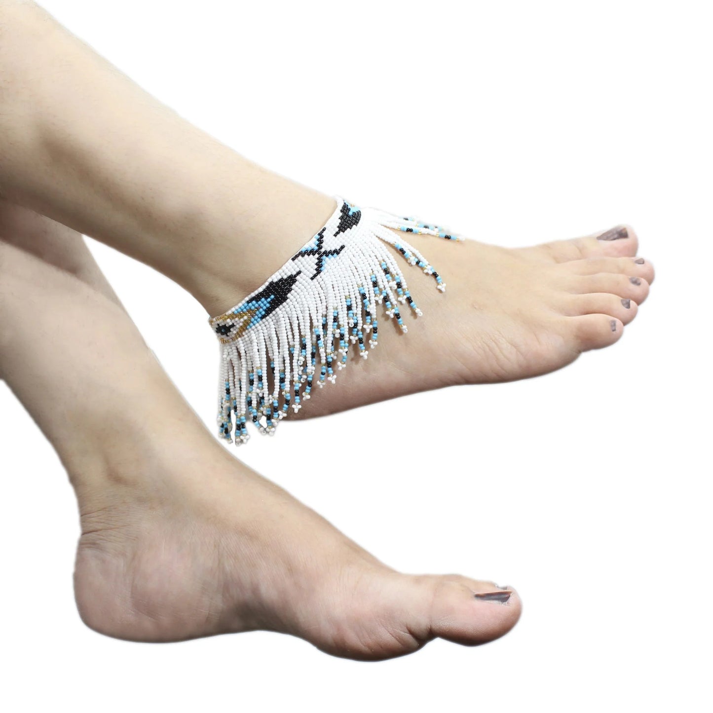 Handmade Beaded Fringe Anklet – White Tribal Geometric | Adjustable Boho Statement Anklet