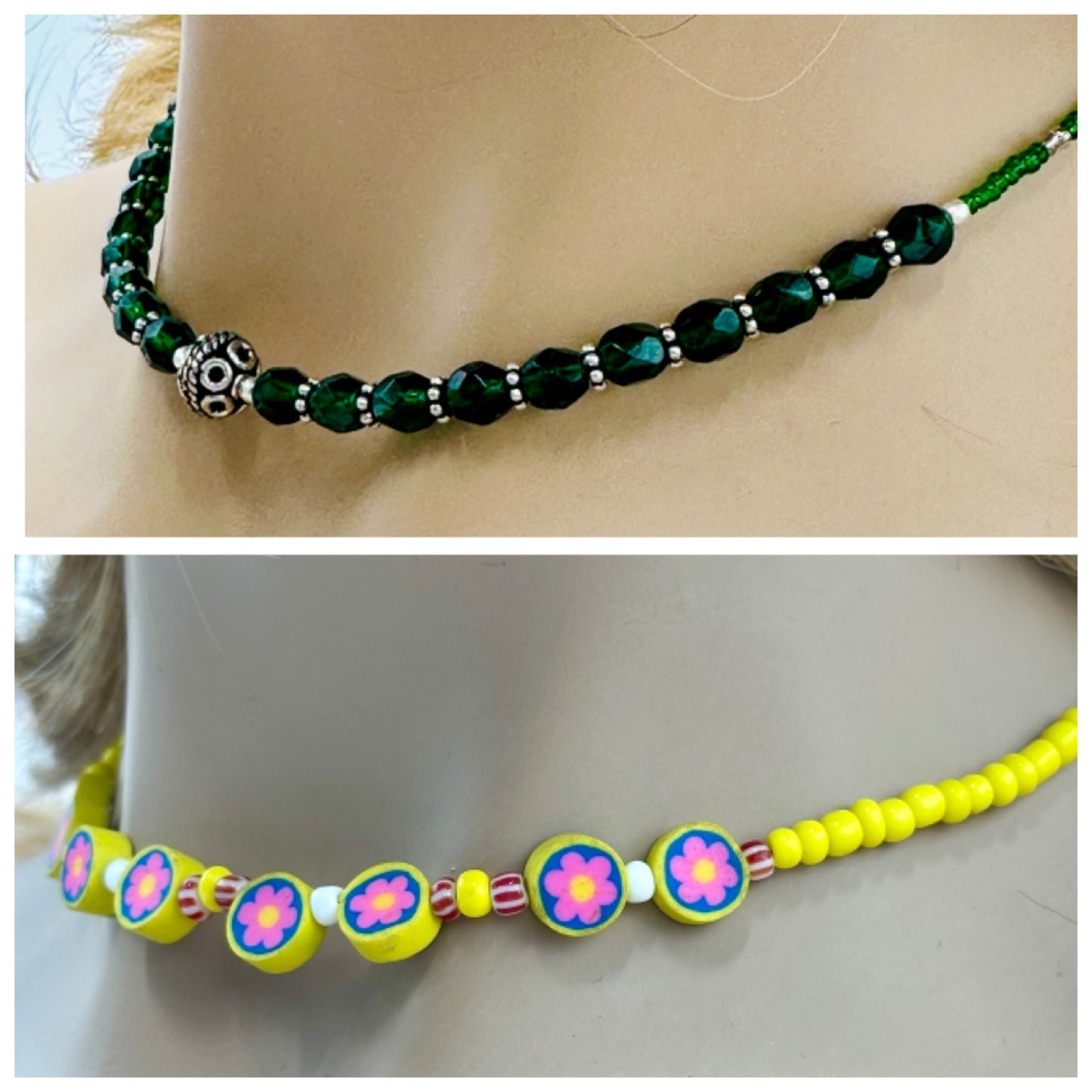 2-for-1 Beaded Necklace & Earrings Set – Floral Yellow & Emerald Green Combo | Handmade Jewelry | Clearance Deal $19.99