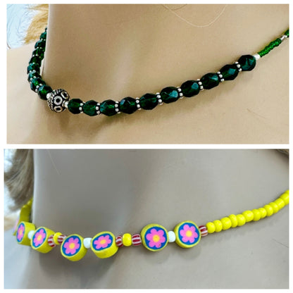 2-for-1 Beaded Necklace & Earrings Set – Floral Yellow & Emerald Green Combo | Handmade Jewelry | Clearance Deal $19.99