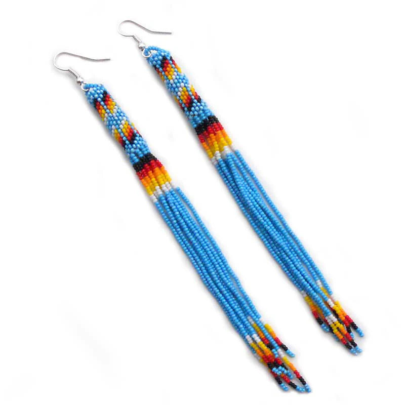 Handcrafted Seed Bead Fringe Earrings, Long Blue Statement Earrings, Artisan Czech Bead Jewelry