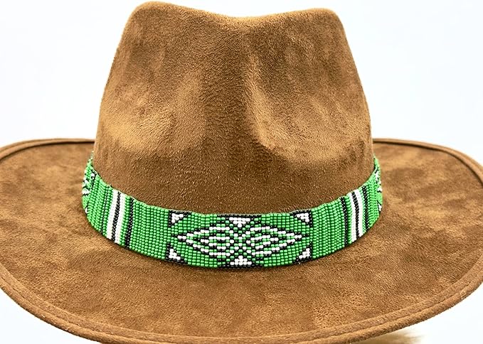 Handmade Beaded Native Style Green White Cowboy Hatband