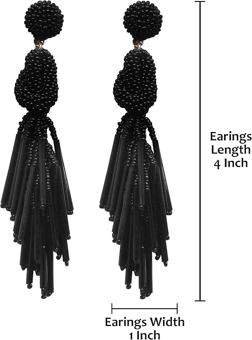 Handmade Beaded Solid Color Post Statement Earrings for Women All Season - 4 inch Long Dangle with Celtic Knot Design-Black