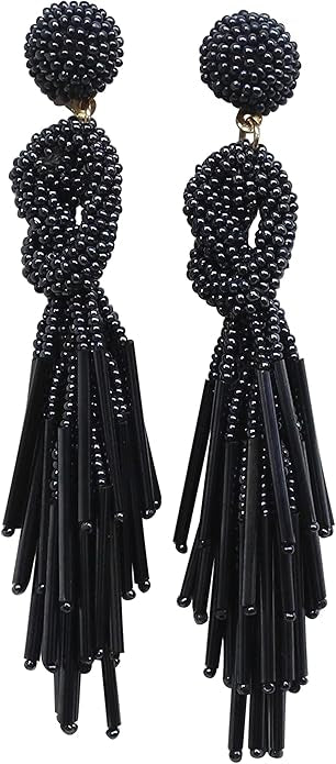 Charcoal Gray Handmade Beaded Tassel Earrings – Elegant Statement Fringe Dangle Earrings 4”