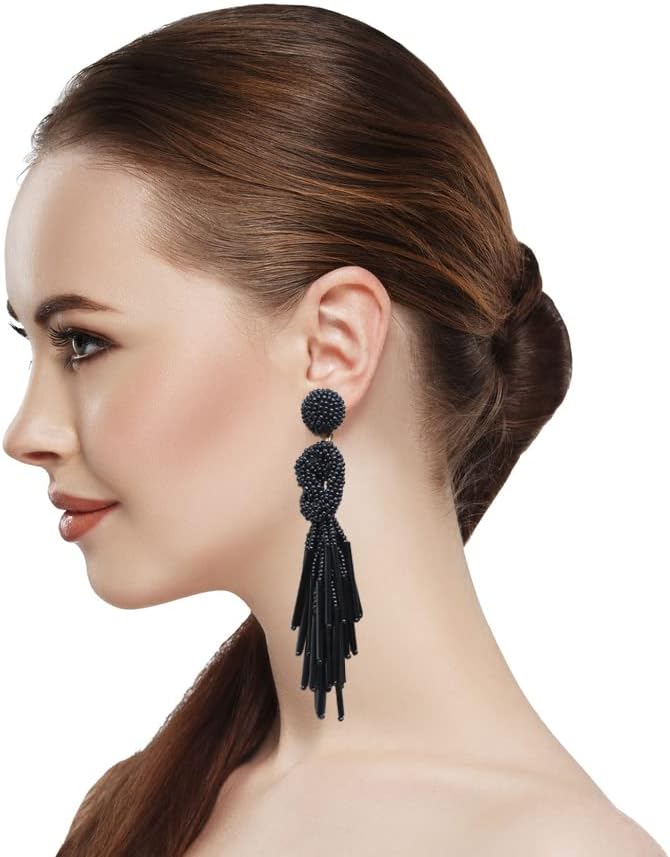 Charcoal Gray Handmade Beaded Tassel Earrings – Elegant Statement Fringe Dangle Earrings 4”