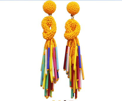 Handmade Orange Beaded Fringe Earrings with Multicolor Accents – Czech Seed Bead Statement Jewelry