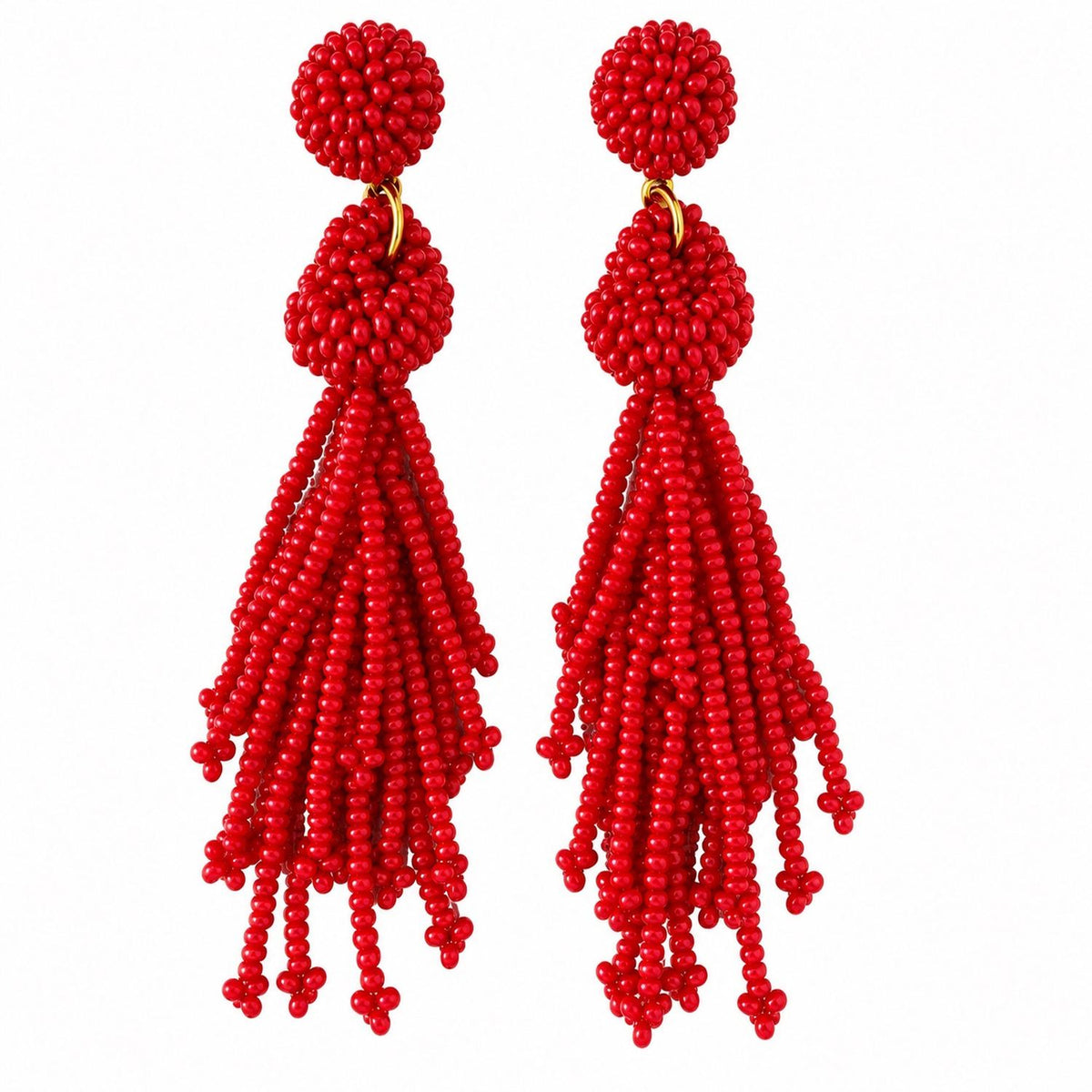 Red Statement Seed Bead Tassel Earrings – Handmade Long Fringe Dangle Earrings