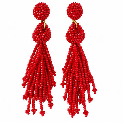 Red Statement Seed Bead Tassel Earrings – Handmade Long Fringe Dangle Earrings