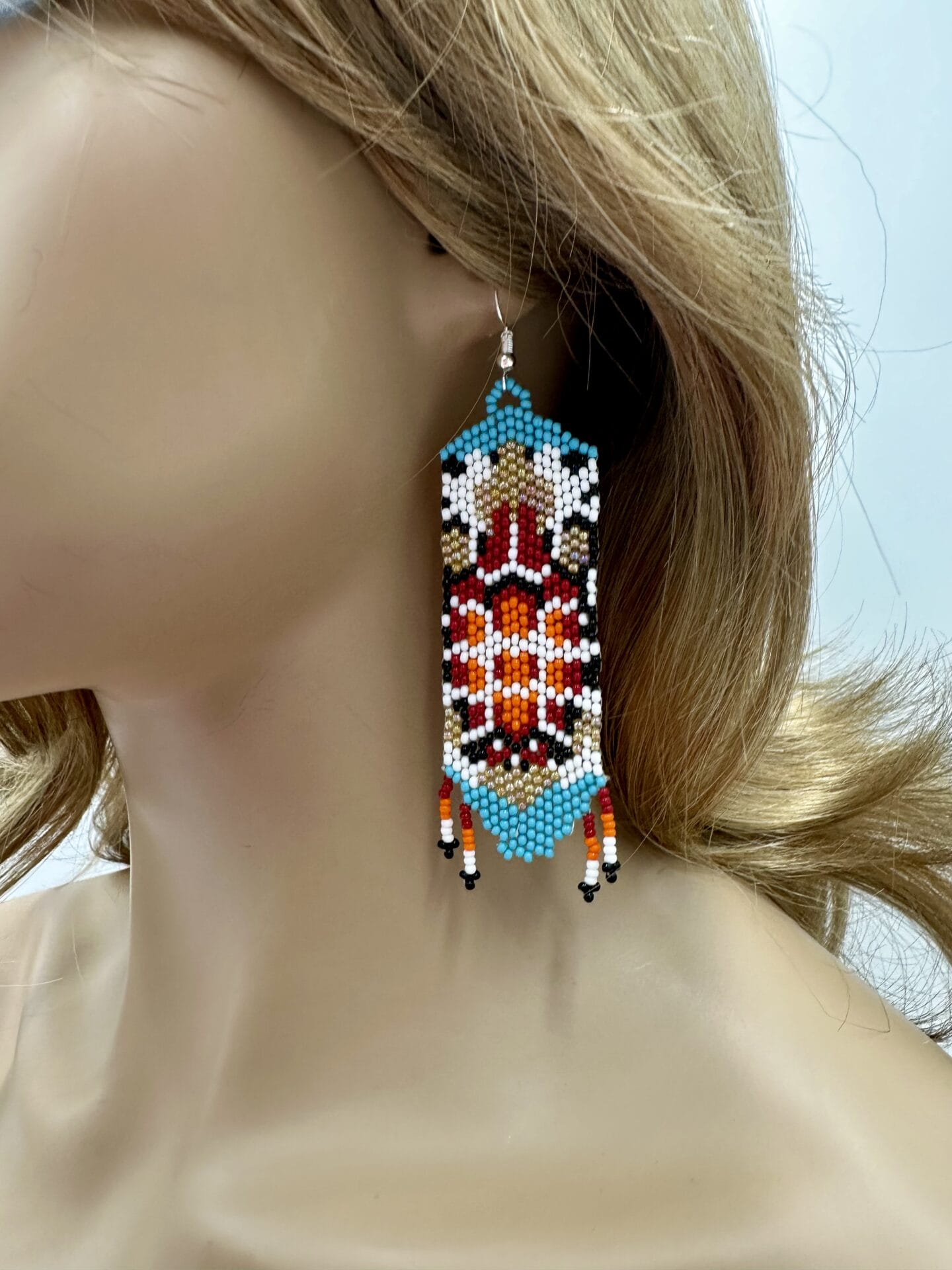 Handmade Beaded Seed Bead Turtle Pattern Earrings in Red Cyan Blue, Lightweight