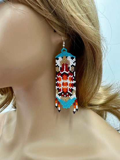 Handmade Beaded Seed Bead Turtle Pattern Earrings in Red Cyan Blue, Lightweight