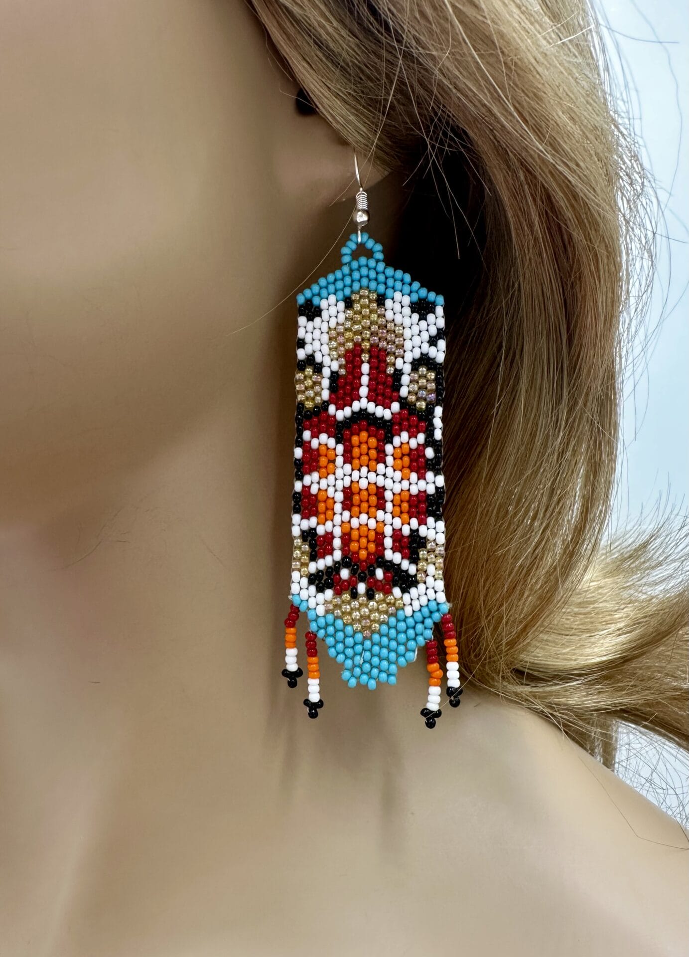 Handmade Beaded Seed Bead Turtle Pattern Earrings in Red Cyan Blue, Lightweight