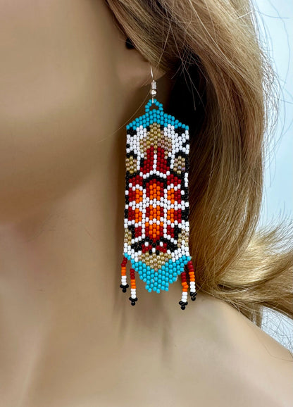 Handmade Beaded Seed Bead Turtle Pattern Earrings in Red Cyan Blue, Lightweight