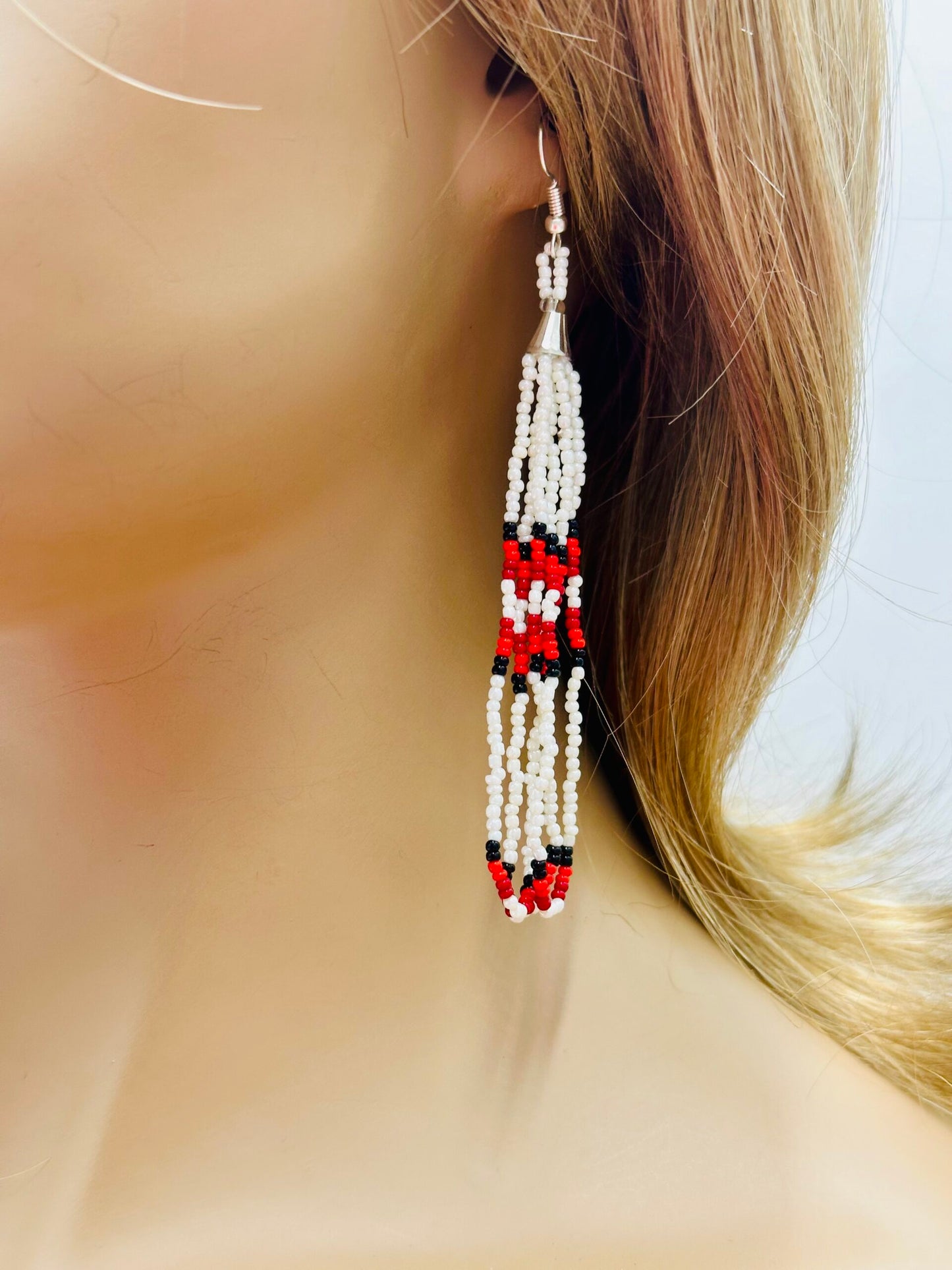 Handmade beaded White long hook earrings