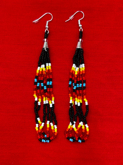 Handmade beaded Black Fire long hook earrings