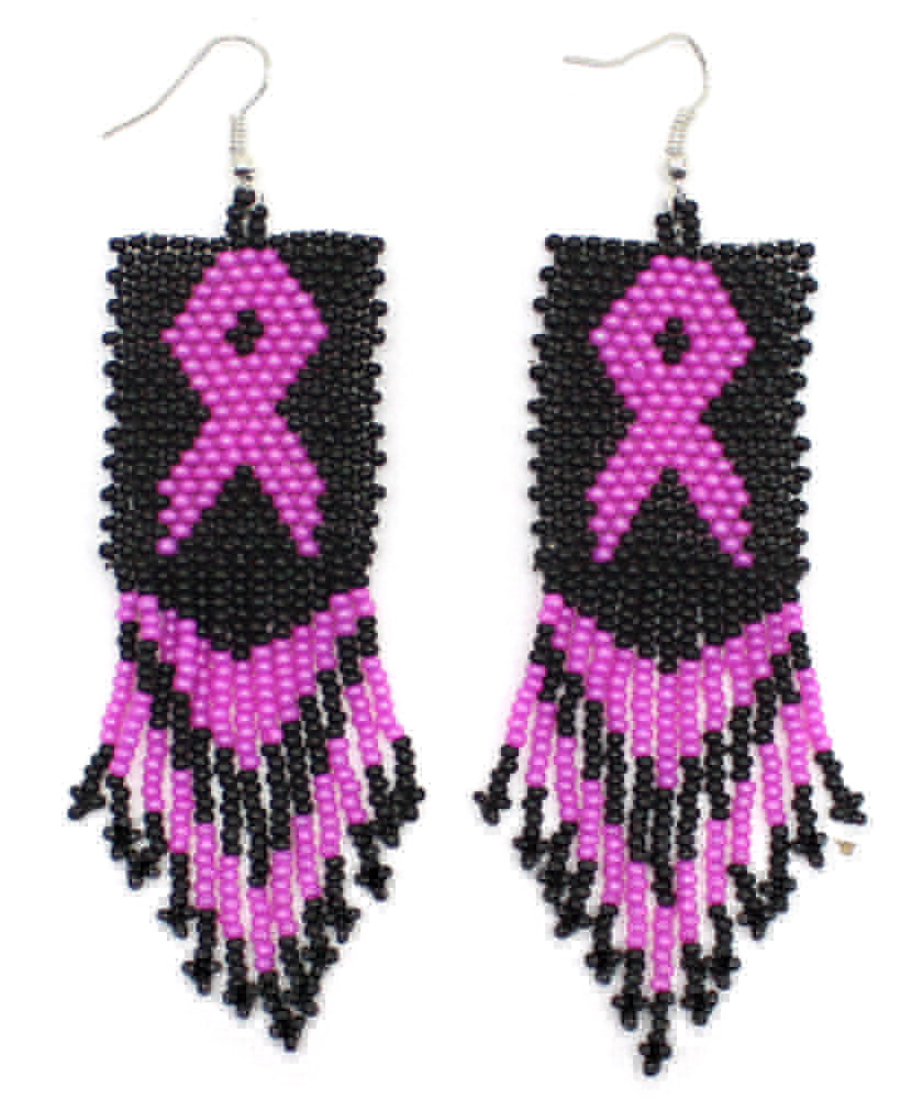 Black Pink Ribbon Big Seed Bead Earrings Breast Cancer Awareness
