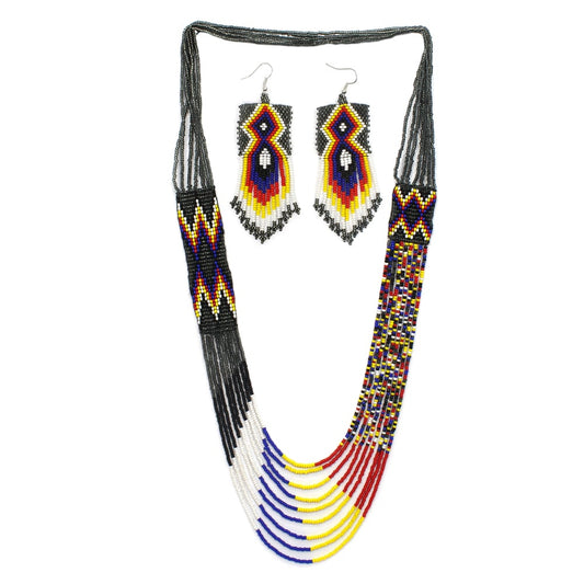 Grey Red Handmade Beaded Layered Necklace Earrings Set in Czech Seed Beads