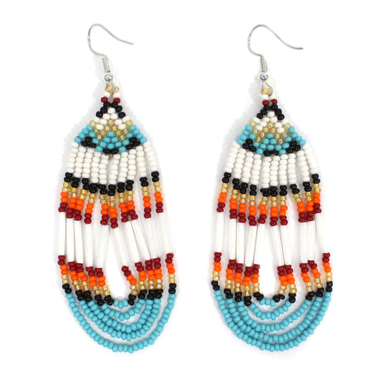 Cyan Blue and Red Handmade Beaded Loop Earrings - Lightweight and Vibrant Jewelry
