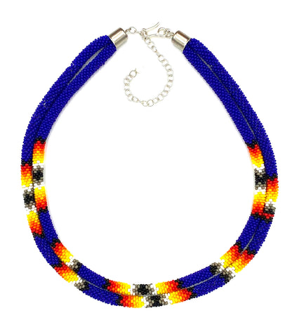 Native American Style Beaded Double Strand Rope Necklace - Deep Blue Fire