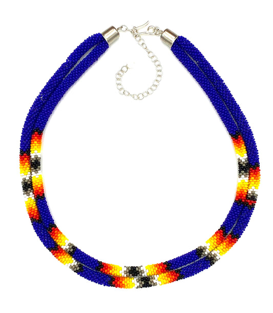 Native American Style Beaded Double Strand Rope Necklace - Deep Blue Fire