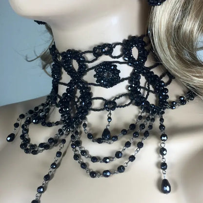 Handmade Gothic Black Beaded Necklace Choker Earrings Set