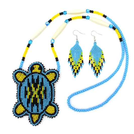 Black &amp; Blue Turtle Beaded Necklace and Earring Set