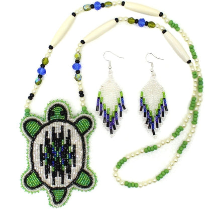 Blue Green Turtle Beaded Necklace Earring Set