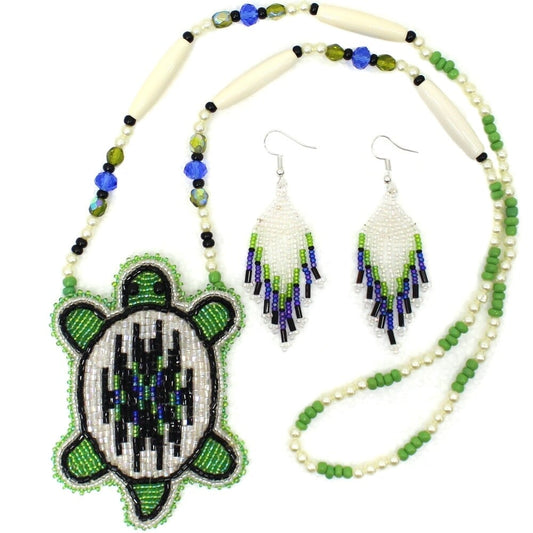 Blue Green Turtle Beaded Necklace Earring Set
