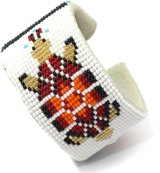 Handmade Beaded White Red Turtle Leather Hard Cuff Bracelet - Unisex Adjustable Bracelet