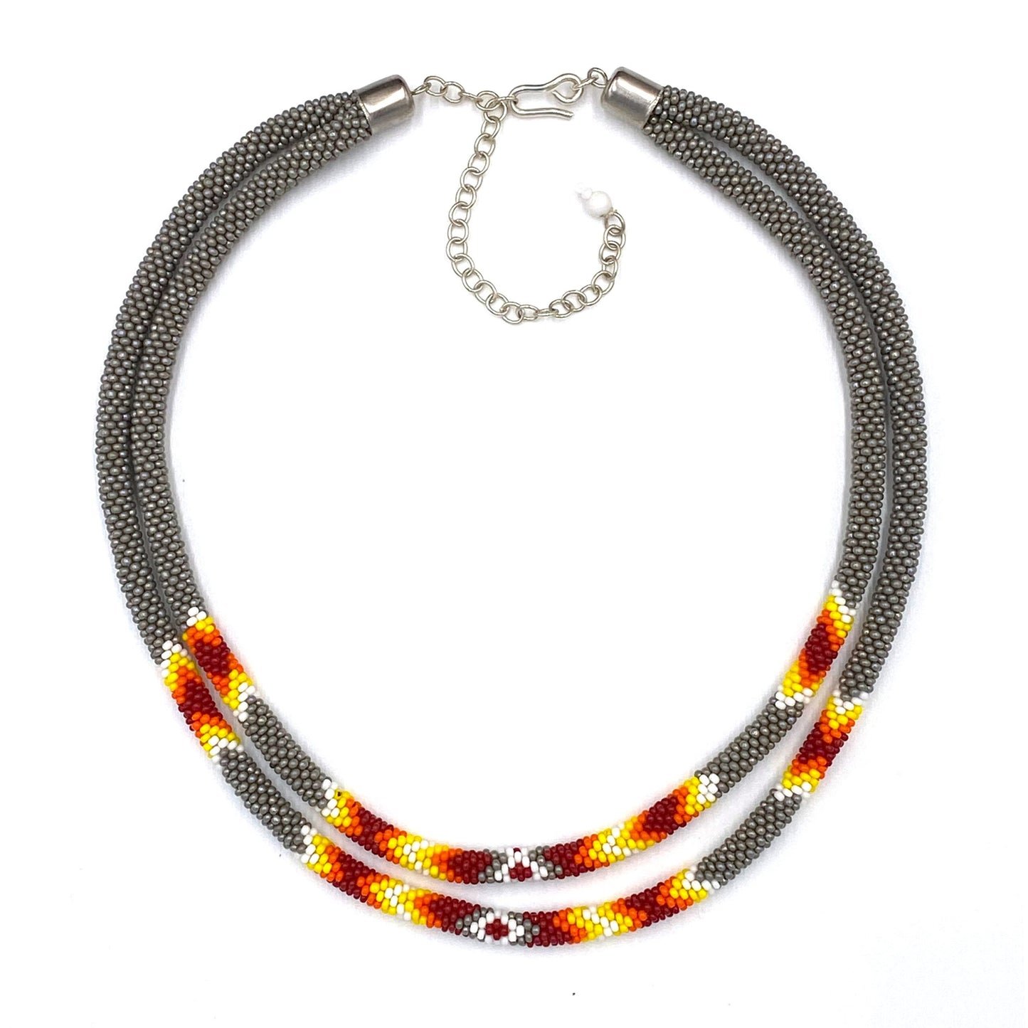 Native Style Beaded Double Strand Rope Necklace for Women Handmade (Gray)