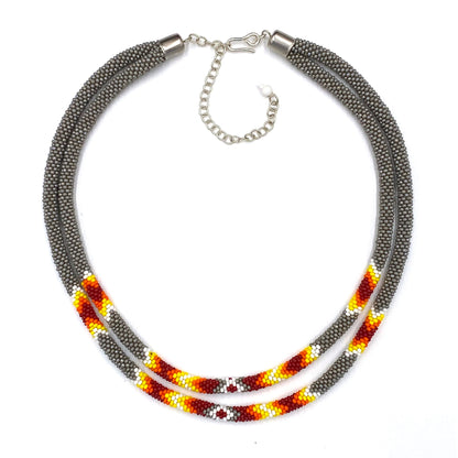 Native Style Beaded Double Strand Rope Necklace for Women Handmade (Gray)