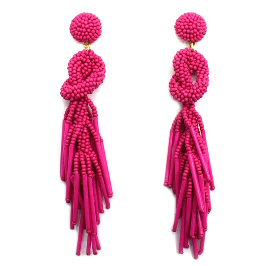 Handmade Beaded Solid Color Post Statement Earrings for Women Girl All Season - 4 inch Long Dangle with Celtic Knot Design - Czech Seed Beads - Fuchsia