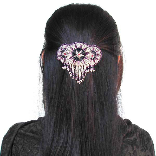 Beaded Barrette French Clip Black Rossette Fringe Beadwork