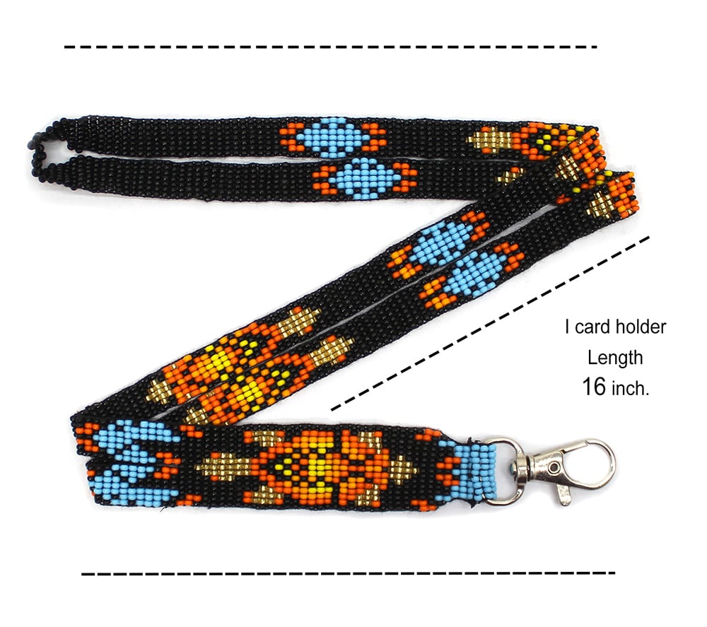 Handmade Beaded Turtle Pattern Black Orange Gold Lanyard - 33.5 inch