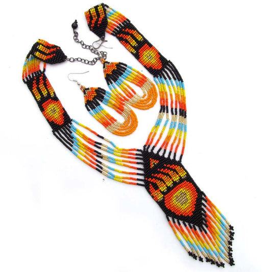 Fiery Orange Black Bear Paw Beaded Necklace and Earrings Set