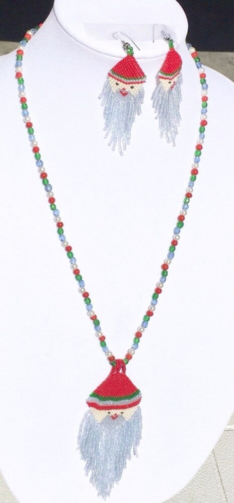 Handmade Beaded Red White Green Santa Claus Holiday Necklace Earrings Set