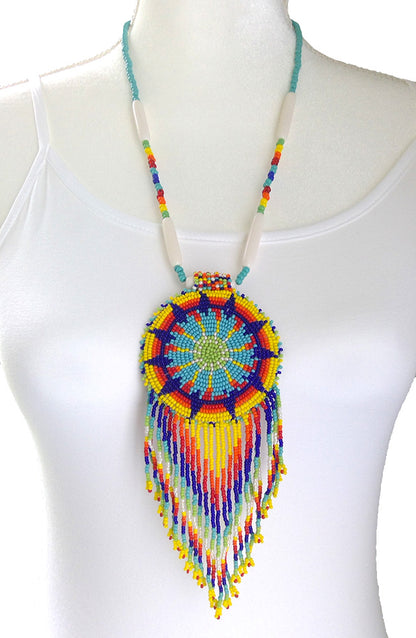 Yellow Blue Seed Beaded Star Necklace Earrings